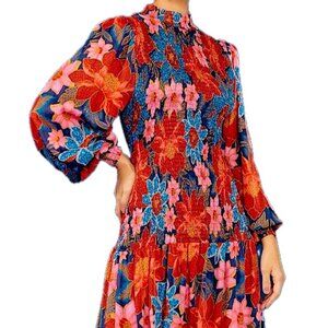 NEW FARM RIO Floral Mini Dress Mock Neck Long Sleeve Smocked Bodice NWT $245